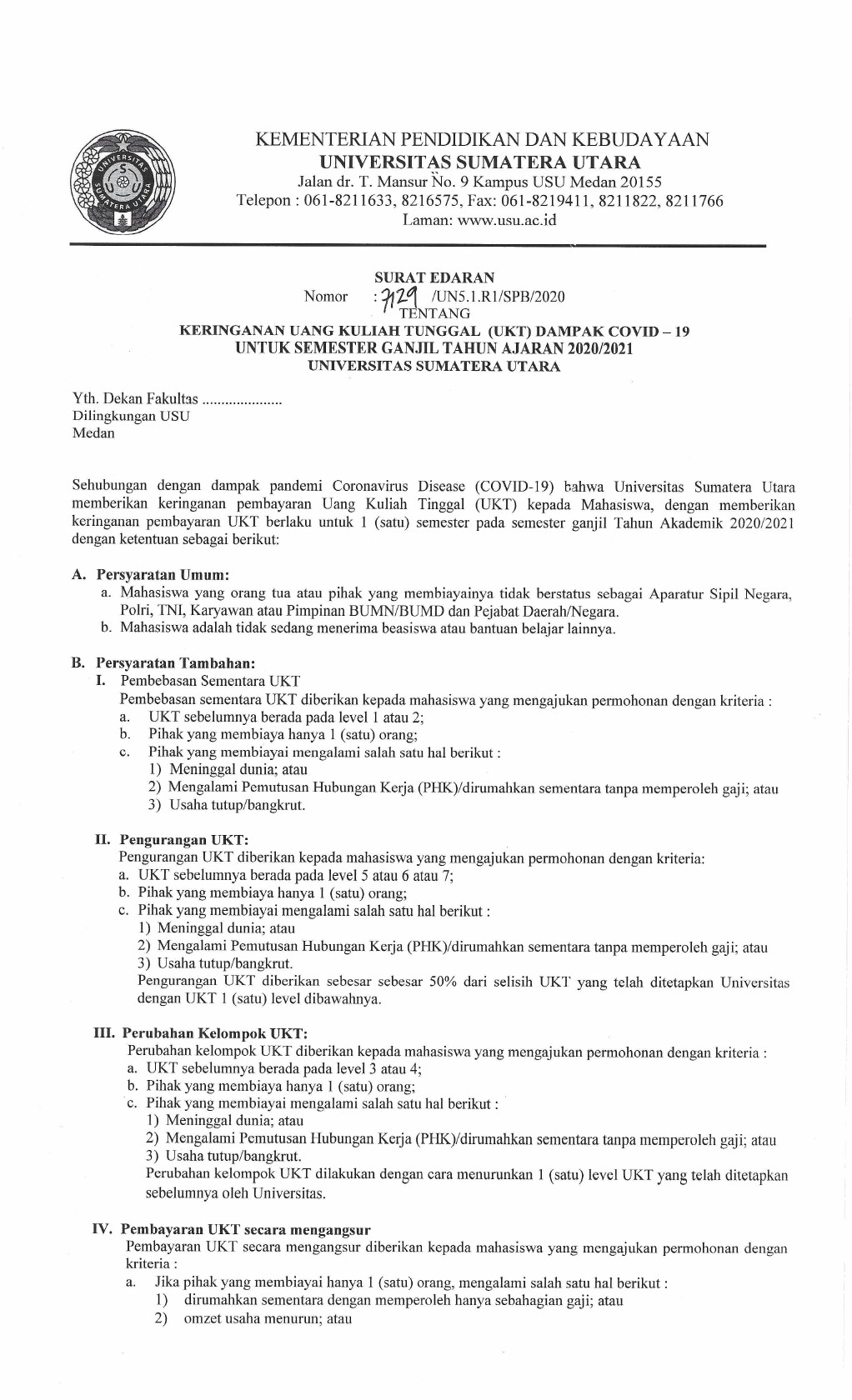 SURAT EDARAN WR I TENTANG KERINGANAN UANG KULIAH TUNGGAL (UKT) DAMPAK COVID-19 UNTUK SEMESTER GANJIL TA. 20202021