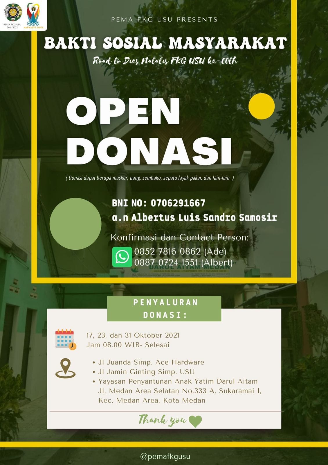 Rayakan Momentum Dies Natalis, PEMA FKG Adakan Open Donasi & Pengabdian Masyarakat