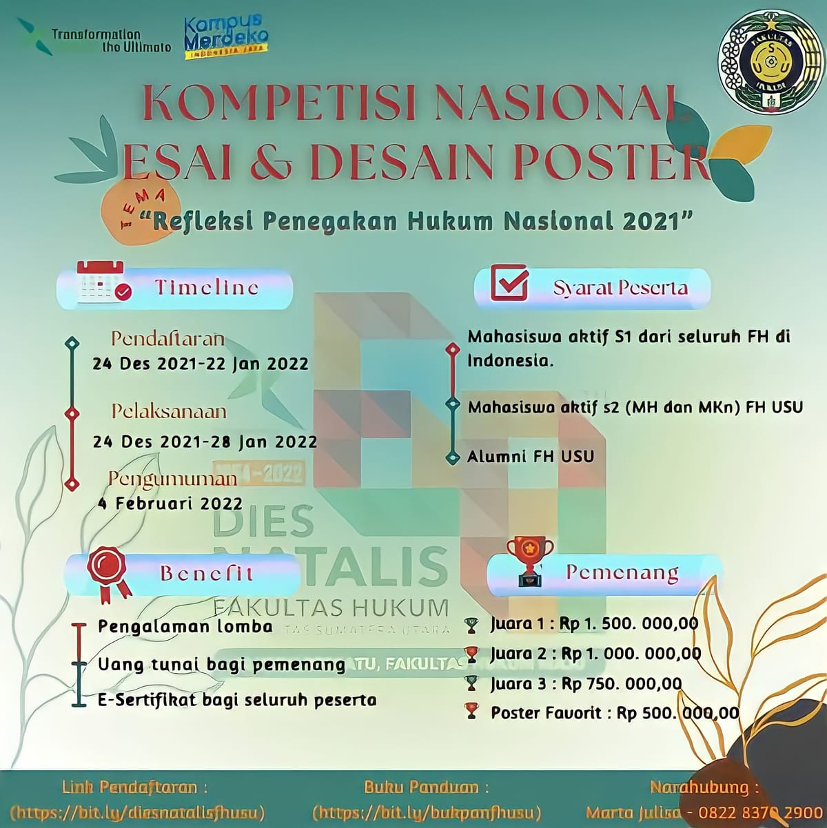 Fakultas Hukum USU Adakan Kompetisi Esai dan Desain Poster dalam Rangka Memeriahkan Dies Natalis ke-68