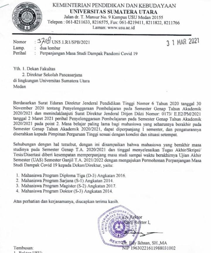 USU Terima Perpanjangan Masa Studi Dampak Pandemi Covid-19