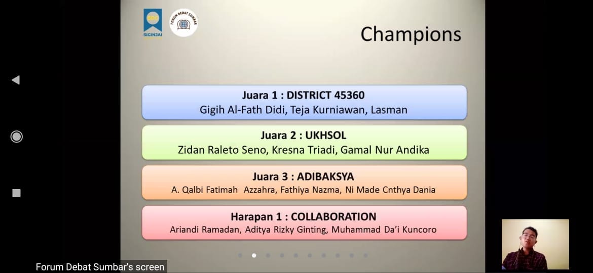 Perwakilan USU Raih Harapan 1 di SDC Online Debate 2021