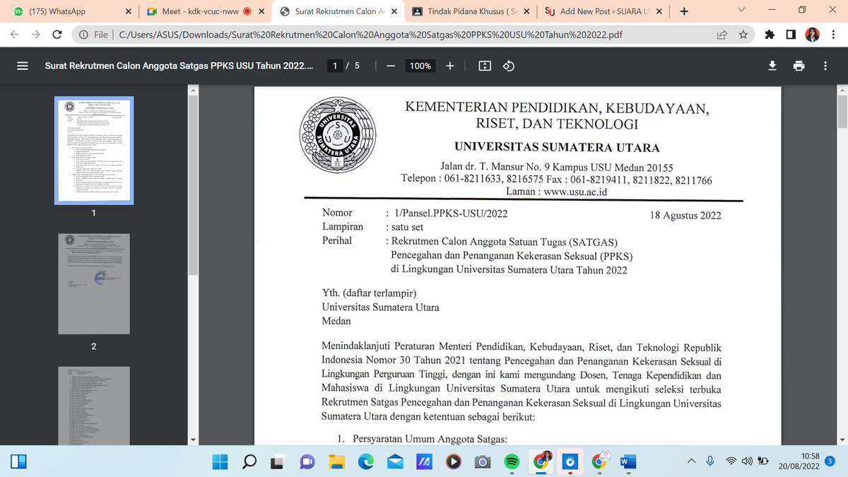 Penantian Panjang Rekrutment Calon Anggota Satuan Tugas (SATGAS) PPKS USU