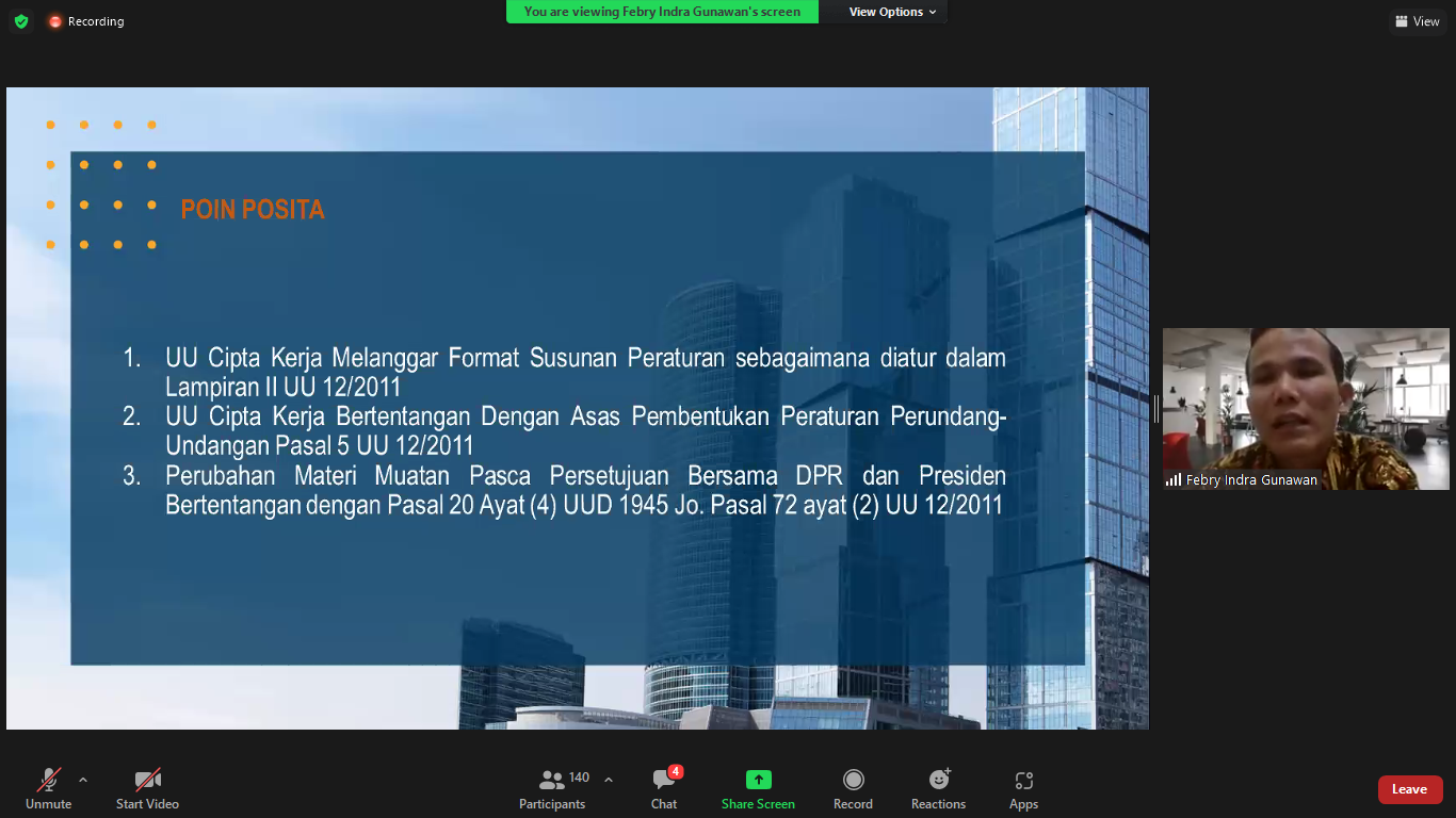 Tanggapi Isi Peraturan Pelaksana UU Cipta Kerja, FH USU Adakan Diskusi Online Terbuka