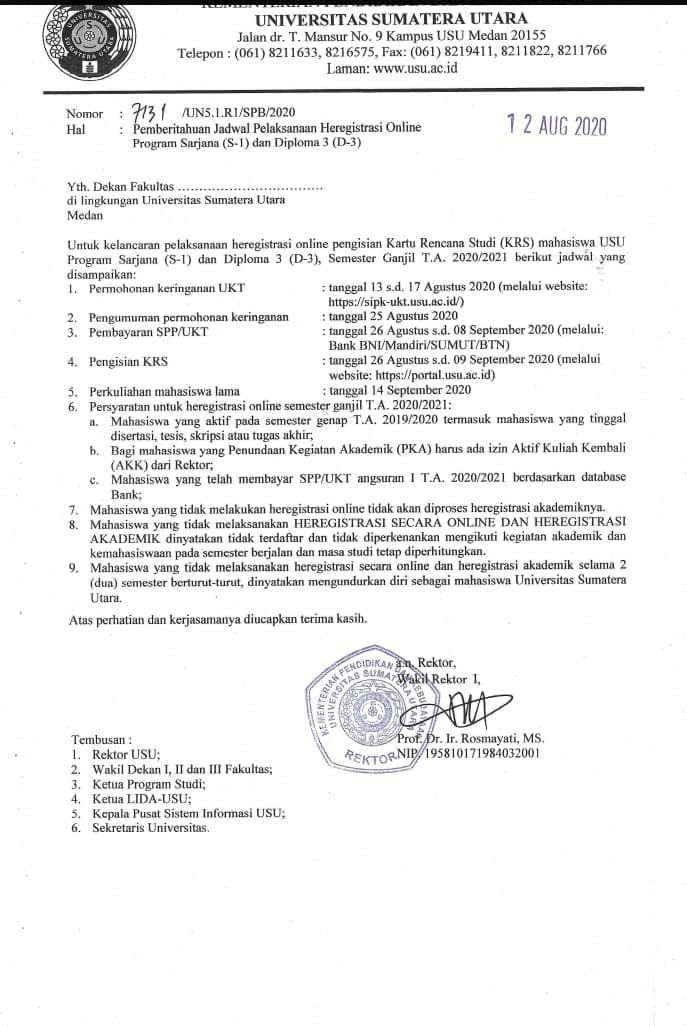 SURAT PEMBERITAHUAN JADWAL PELAKSANAAN HEREGISTRASI ONLINE PROGRAM SARJANA (S-1) DAN DIPLOMA 3 (D-3)