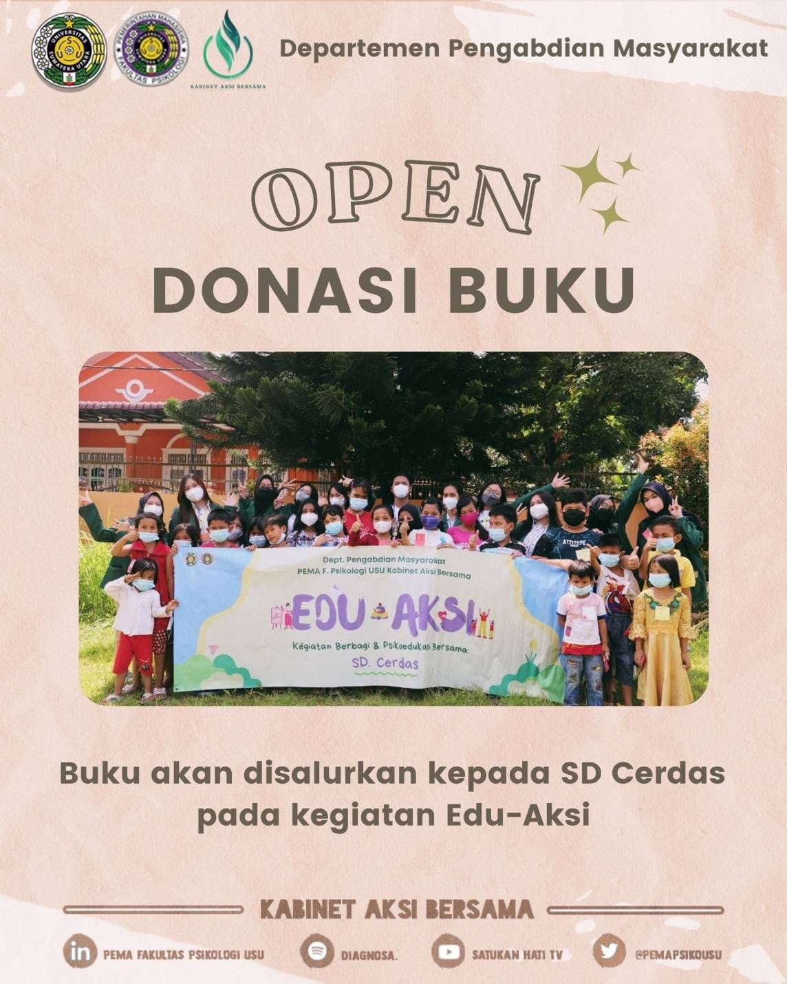 Edu-Aksi Kedua, Departemen Pengabdian Masyarakat PEMA Psikologi USU Adakan Donasi Buku Terbuka!