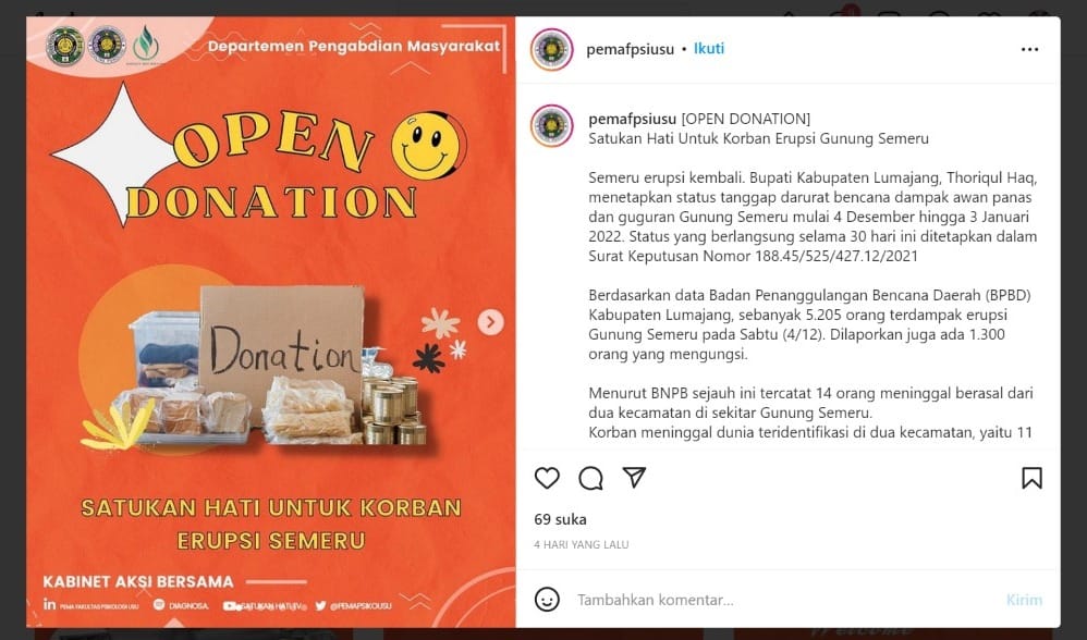 Bertajuk Satukan Hati untuk Korban Erupsi Gunung Semeru, PEMA FPSi Adakan Donasi Terbuka