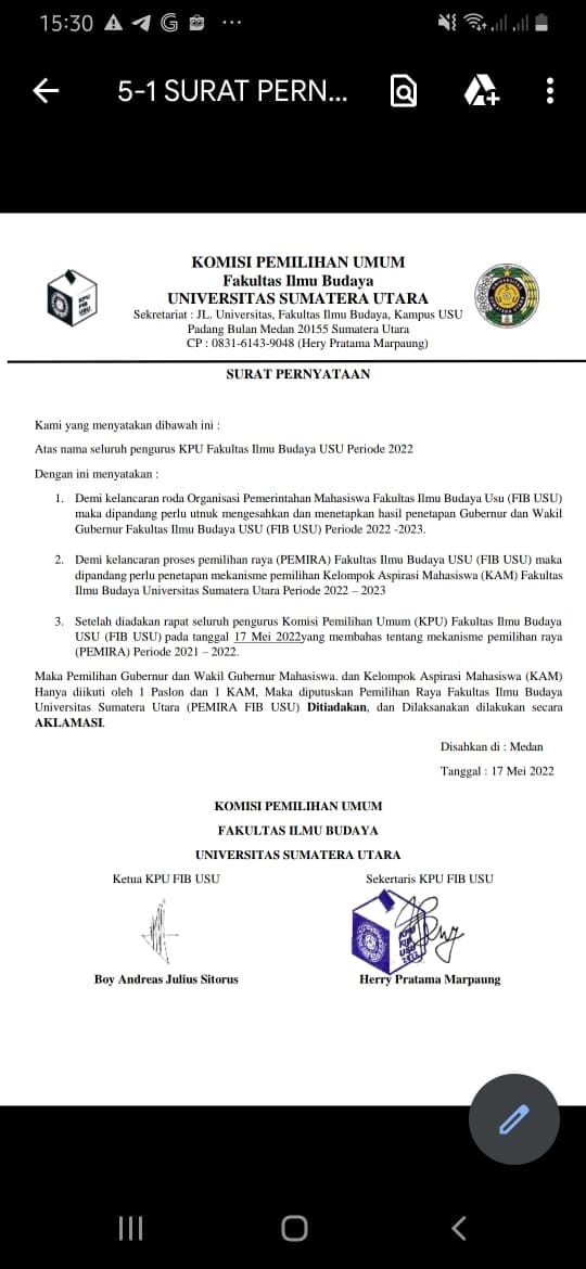 Menanti Ujung Pemira FIB USU, KPU Menyatakan Pemira FIB USU Tahun 2022 Dilakukan Secara Aklamasi